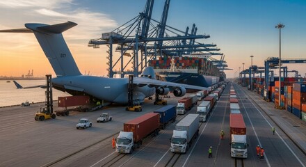 Fototapeta premium Global Logistics Hub: An expansive aerial view showcases a bustling port, where cargo planes and container ships converge to facilitate international trade and transportation.