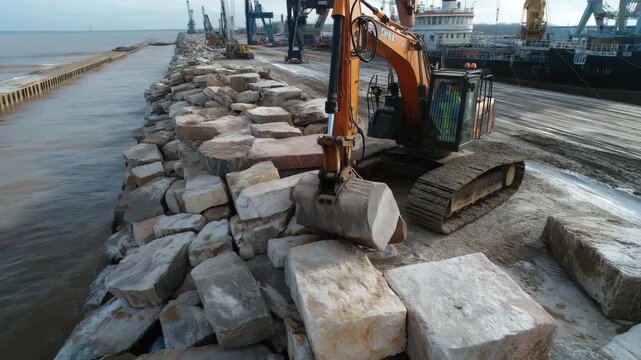 Large stone blocks are placed in a staggered arrangement by heavy machinery to form a sturdy sea wall barrier near the coast.