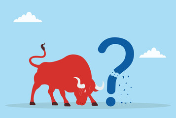 Vector illustration of a red bull breaking a large question mark, representing strength, courage, overcoming uncertainty, bold action, and tackling challenges
