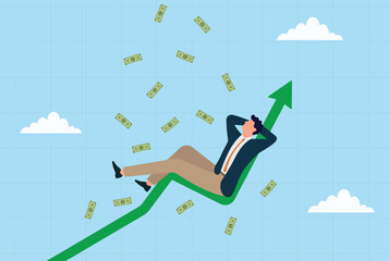 Vector illustration of a businessman relaxing on an upward arrow surrounded by money, symbolizing financial growth, success, wealth, and prosperity
