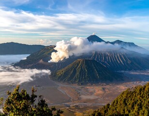 Majestic volcanic peaks pierce the clouds in a scenic, early morning landscape of earthy tones and natural beauty
