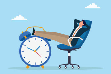 Vector illustration of a businessman relaxing in an office chair with his feet on an alarm clock, representing time management, leisure, and work-life balance