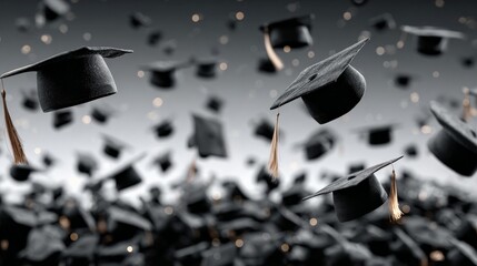 Flying Caps of Achievement: An aerial shot of countless graduation caps soaring, symbolizing the culmination of education and the commencement of a new journey.