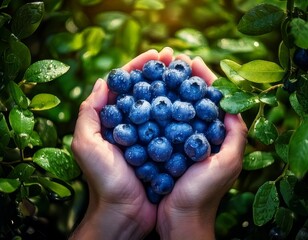 Generous handful of plump, dew-kissed blueberries held gently between cupped human hands amidst lush green foliage