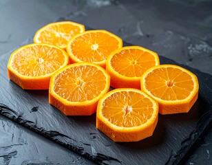 Juicy orange segments artfully arranged on a dark surface showcasing vibrant color and freshness