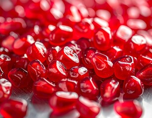 Scattered mosaic of glistening ruby-red pomegranate seeds, revealing their juicy translucence