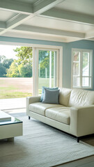Bright Living Room With White Leather Sofa And Large Windows Overlooking Green Backyard