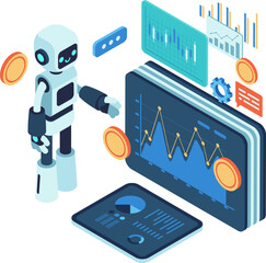 Isometric AI Robot Analyzing Financial Data and Cryptocurrency