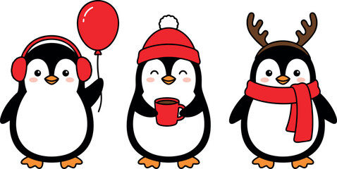 Cute winter penguin characters wearing festive accessories, Christmas cartoon illustration set, happy holiday animals, flat vector style, isolated white background