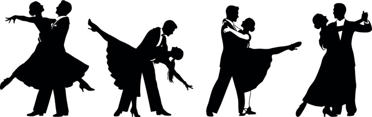 Elegant ballroom dance couple silhouettes vector illustration showcasing classic partner dancing romance movement isolated on white background minimalist style
