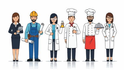 Diverse group of professionals in different uniforms and attire.