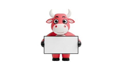 3D Cute cartoon bull holding blank sign on transparent background