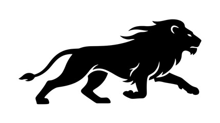 A powerful black silhouette of a majestic lion prowling forward, capturing the raw strength and grace of the king of the wilderness. Vector illustration of a lion icon on a transparent background.  © SuprabhBarua