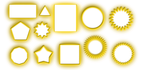 A collection of various white geometric and abstract shapes with yellow outlines and glowing effects on a white background.