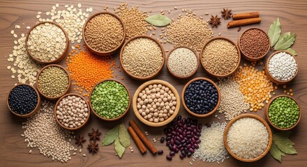 A Vibrant Assortment of Grains and Spices: A captivating tableau of diverse grains and fragrant spices arranged in wooden bowls on a rustic wooden table.