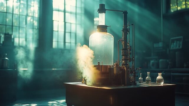 Mysterious Alchemist Laboratory With Bubbling Pot And Sunbeams.
