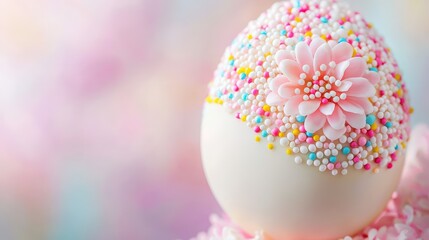 A close-up of a beautifully decorated Easter egg against a soft, blurred pastel background, highlighting intricate details and artistic craftsmanship , product photography with high resolution,