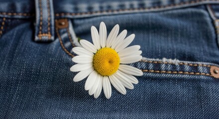 Daisy in Denim Pocket: A close-up shot captures the delicate beauty of a daisy nestled within the pocket of a denim garment. A simple, elegant, and timeless composition, a sweet reminder of nature.