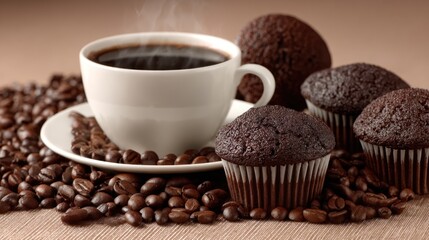 Fototapeta premium Aromatic Coffee and Decadent Chocolate Muffins - A Perfect Morning Treat.