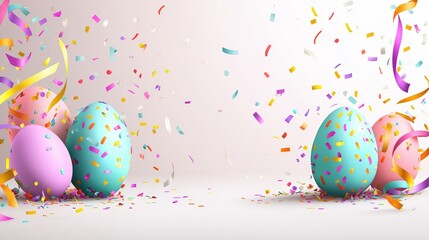 A playful Easter egg backgrowith eggs hidden among colorful confetti and streamers, perfect for festive and fun Easter celebrations , product photography with high resolution, advertising style