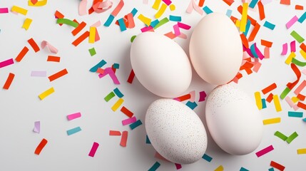 A playful Easter egg backgrowith eggs hidden among colorful confetti and streamers, perfect for festive and fun Easter celebrations , product photography with high resolution, advertising style