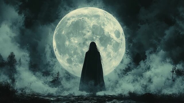Mysterious Figure Under Moonlight - A Dark Fantasy Scene.