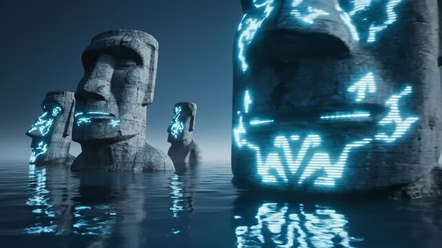 Moai Statues Emerging From Water With Glowing Symbols at Night