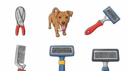 Dog grooming tools and happy dog illustration.