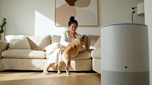 Woman relaxing with her French bulldog in a bright modern living room, featuring a modern air purifier for a pet friendly apartment, clean indoor air, and healthy home environment lifestyle.