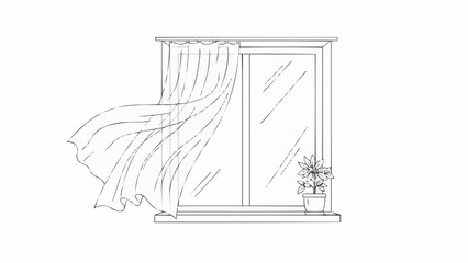Drawing of a window with curtains blowing in the wind.