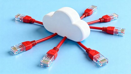 Minimalist 3D illustration of a white cloud connected via red RJ-45 cables on a light blue background. Symbolizes cloud computing, data transfer, and network infrastructure.