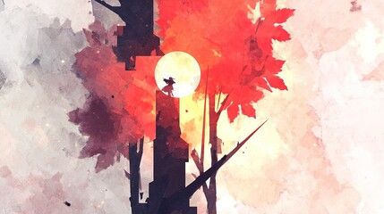 A silhouette of a figure stands atop a dark abstract structure set against a bright full moon and fiery red trees