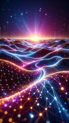 Abstract landscape of glowing waves, lines, and dots under a starlit sky with bright horizon light