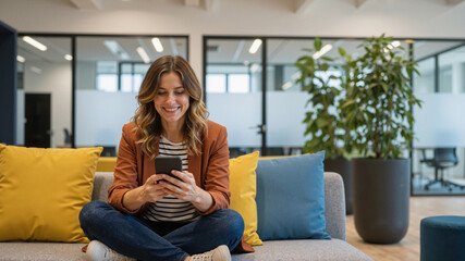 Smiling young woman sitting crosslegged on a sofa in a modern office lounge area using her smartphone