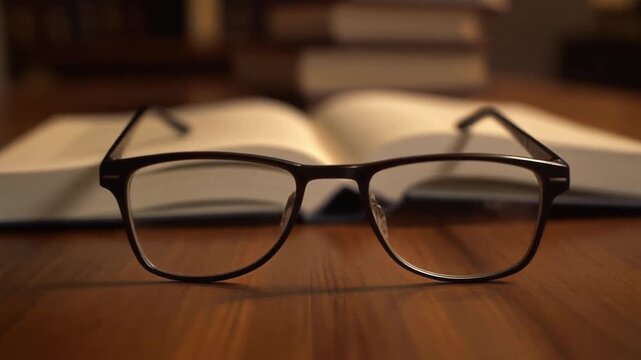 Reading eyeglasses, sharp focus on black frame glasses with an open book on a wooden table in a calm library or study atmosphere with soft warm lighting.