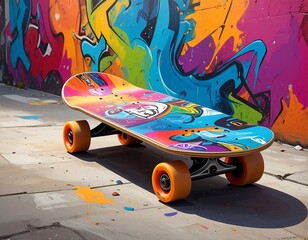 Colorful skateboard rests against a vibrant graffiti wall on a concrete surface