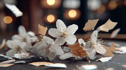 Close up of delicate white cherry blossoms scattering with brown paper fragments on dark wood