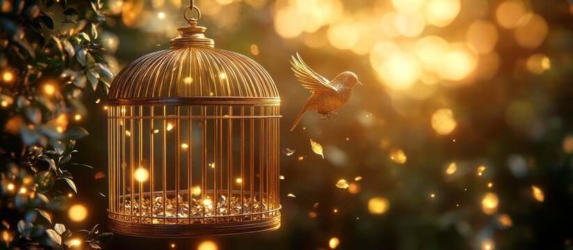 Golden birdcage, freedom, bokeh lights, escaping bird