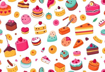 A vibrant seamless pattern featuring an array of stylized dessert illustrations including cakes, cookies, and pastries on a soft pastel background,  repetitive,  fabric