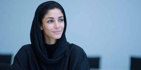 Happy executive businesswoman colleague wearing headscarf in arab business culture meeting and networking event work discussion with muslim lady talking confidently in modern office
