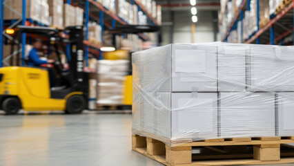 Pallet of shrinkwrapped boxes in a warehouse with a forklift in the background