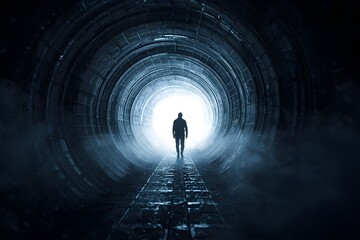 A man standing near an open door through which bright rays of light stream in.	