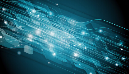 Abstract blue digital light trails and geometric shapes on a dark background with bokeh effects