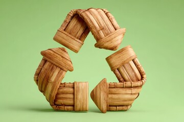 Stylized wooden recycling arrows against a clean green backdrop, conveying sustainability, circular design, and ecofriendly branding for environmental campaigns or packaging.