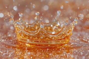 Macro shot of amber liquid splashing into a perfect crown with shimmering droplets, offering a luxurious, energetic visual for beverage branding, cosmetics, or abstract design.
