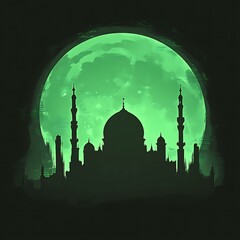 Mosque silhouette against a green moon