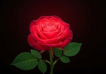Fototapeta premium Close-up of a vivid red rose with fresh green leaves emerging from deep black, creating a romantic, elegant mood perfect for love, beauty, and celebration themed designs.