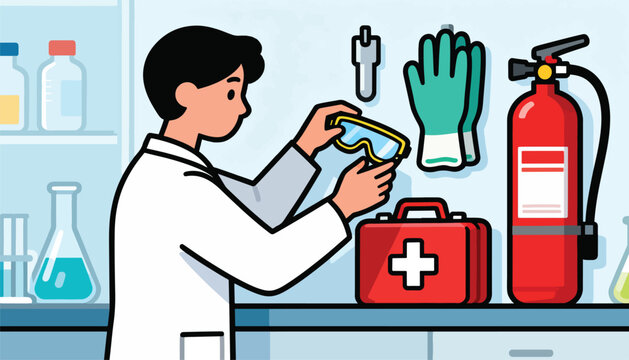 Scientist preparing safety gear, flask, and first aid in lab