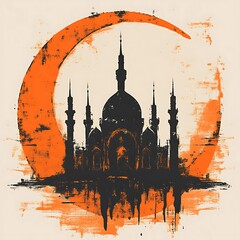 Mosque silhouette, crescent moon, abstract art