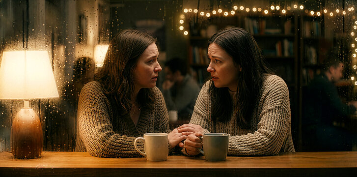Two concerned young women friends holding hands and talking seriously in cozy cafe with rain on window, offering emotional support and empathy during difficult conversation, night